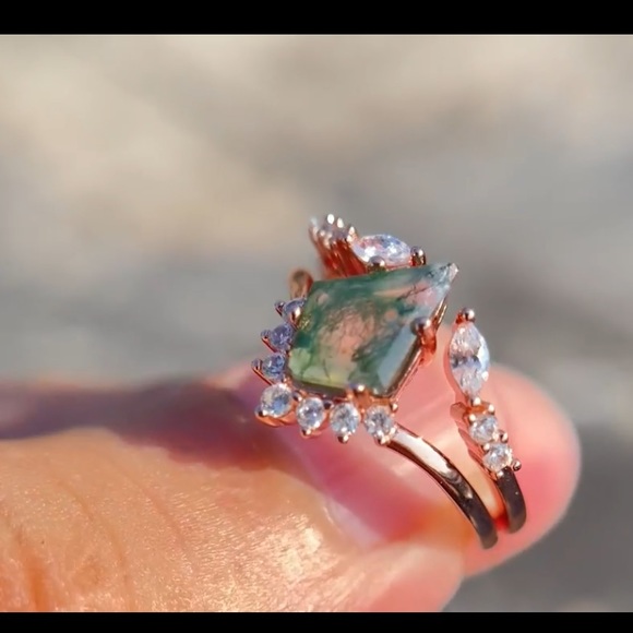 14k Rose Gold Vintage Kite Moss Agate Diamond Engagement Wedding Rings - Picture 12 of 12